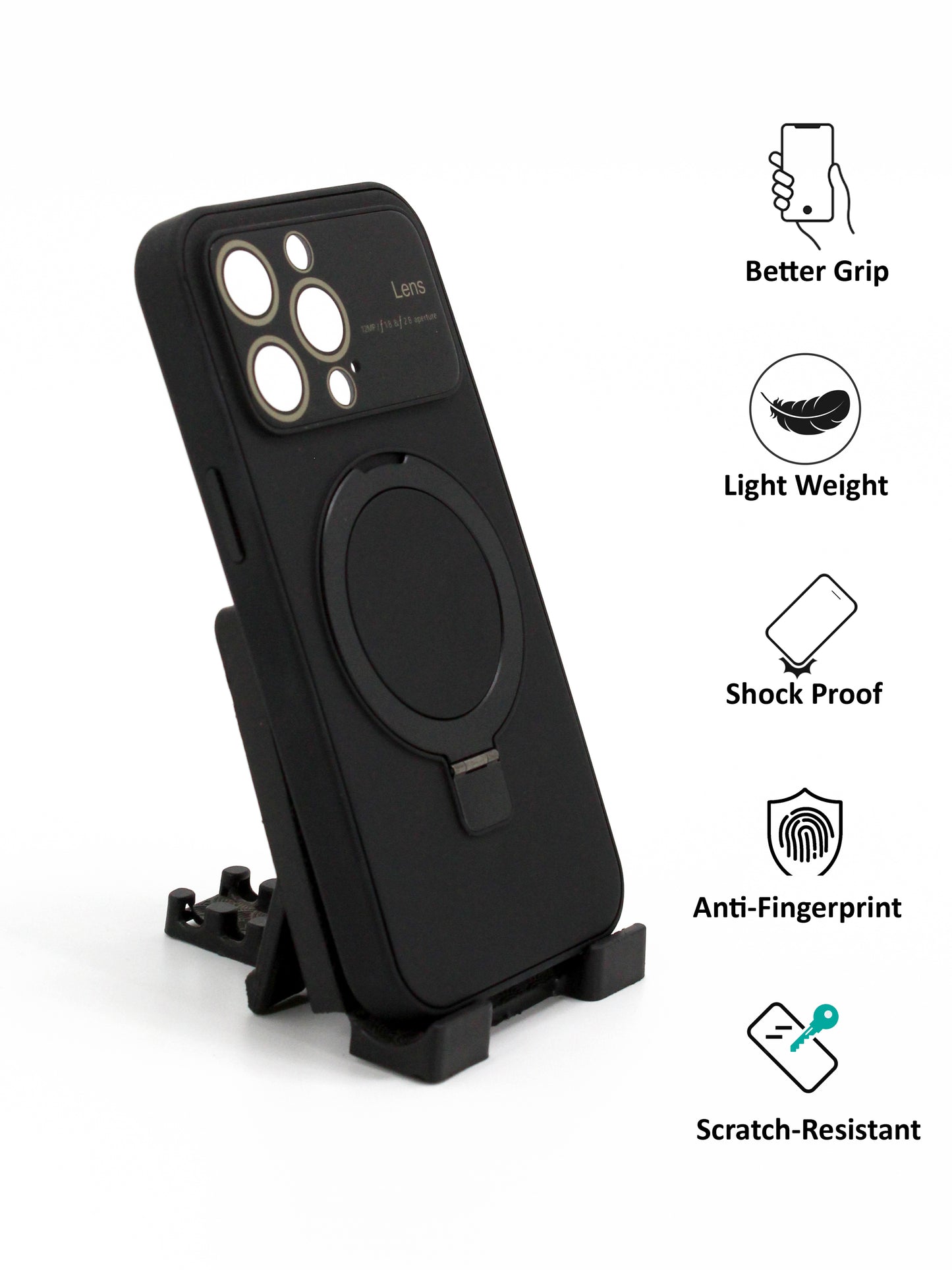 IPhone Premium Soft Polycarbonate Case/Cover | Ring Stand, Black Colour