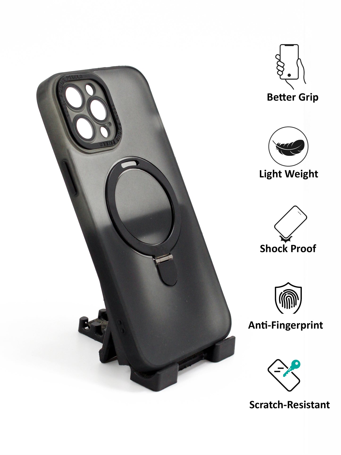 IPhone Premium Soft Polycarbonate Transparent Case/Cover | Ring Stand, Black Color