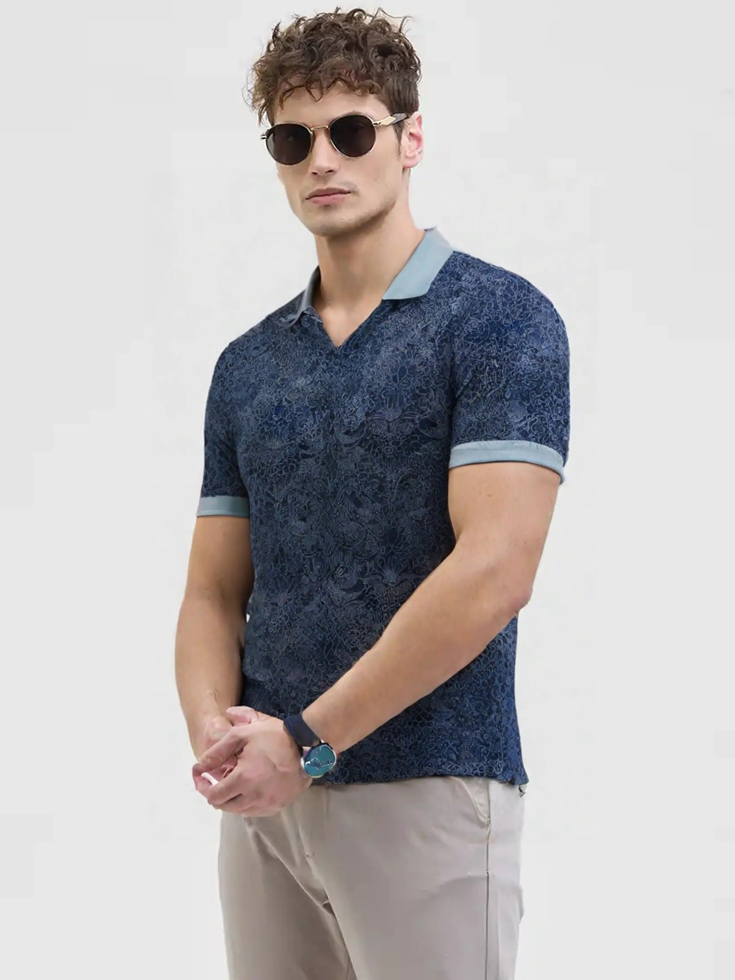 Elegance Navy Floral Polo Tees