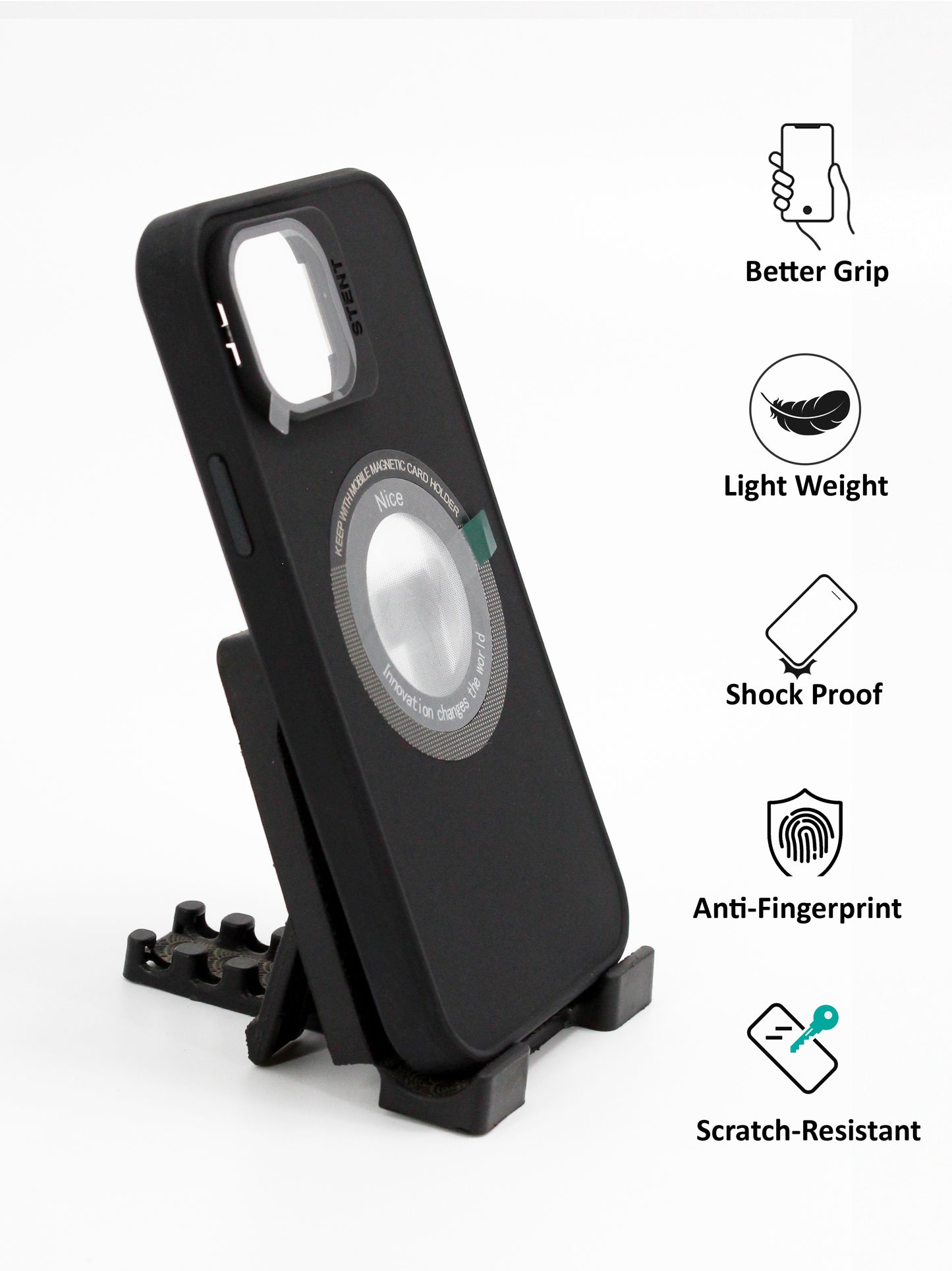 IPhone Premium Soft Polycarbonate Case/Cover | Magsafe Wireless Magnetic Support | Ring Stand, Black Color | Style: IP_09