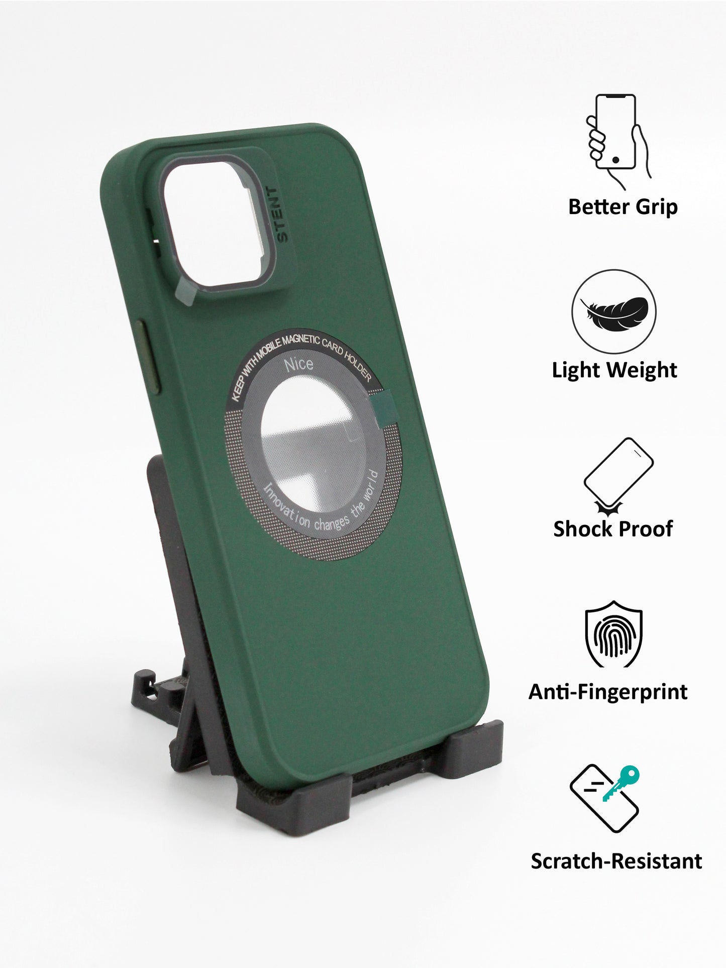 IPhone Premium Soft Polycarbonate Case/Cover | Magsafe Wireless Magnetic Support | Ring Stand, Green Color | Style: IP_09